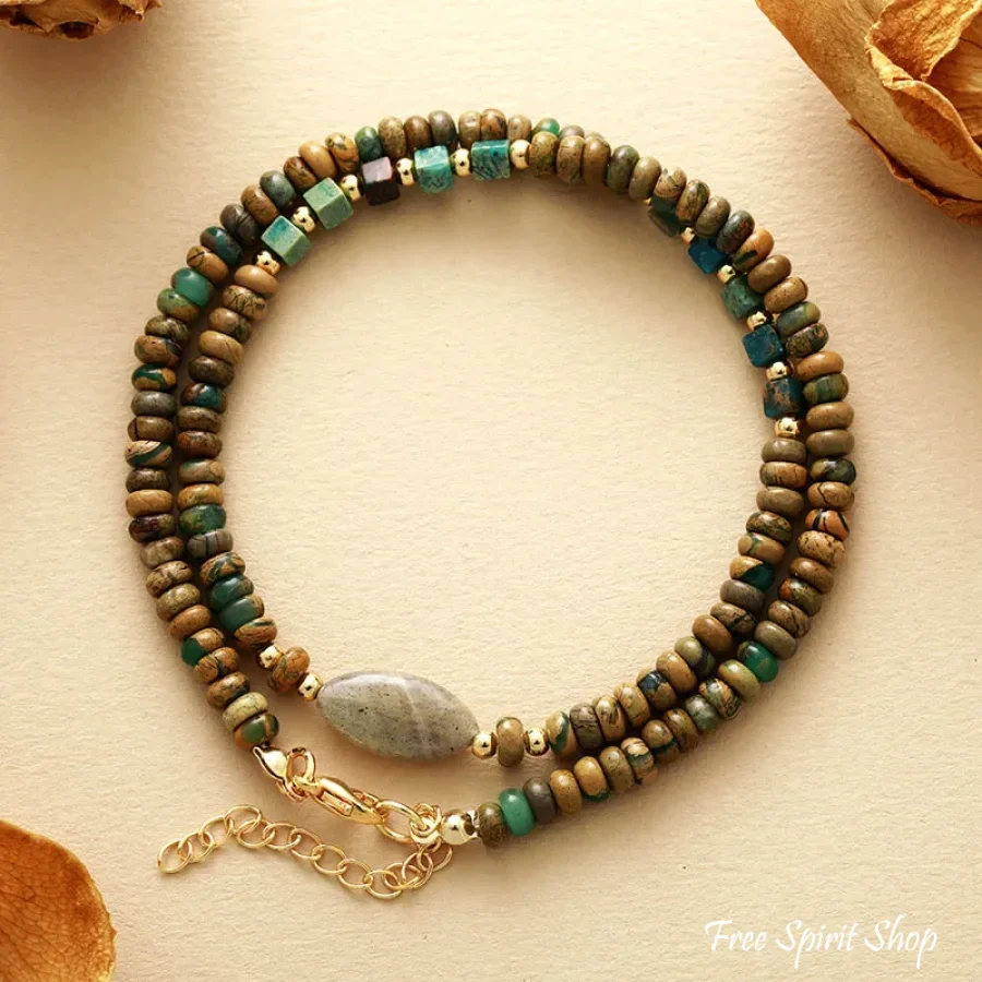 Natural Picture Jasper & Labradorite Minimalist Beaded Choker - Image 3