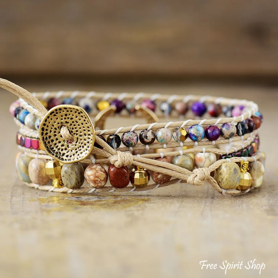 Natural Picture Jasper & Purple Jasper Crescent Horn Beaded Wrap Bracelet - Image 3
