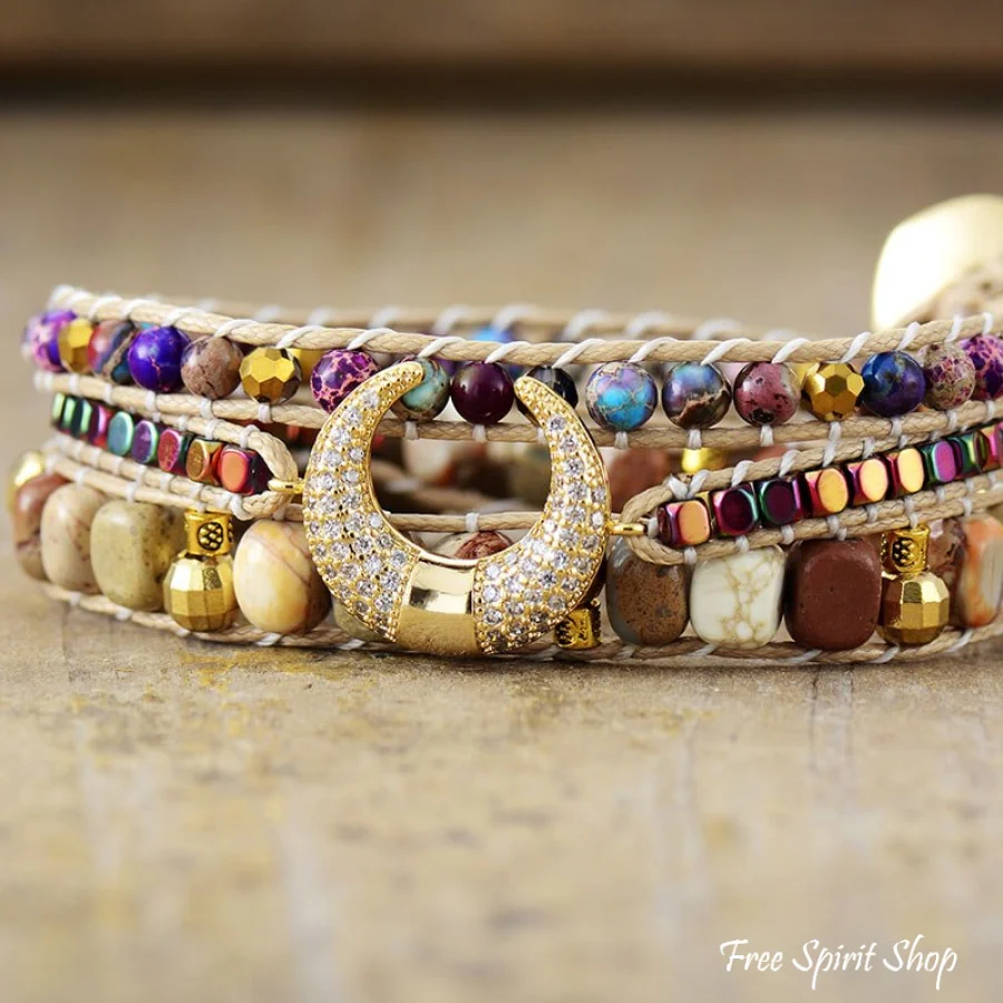Natural Picture Jasper & Purple Jasper Crescent Horn Beaded Wrap Bracelet - Image 4