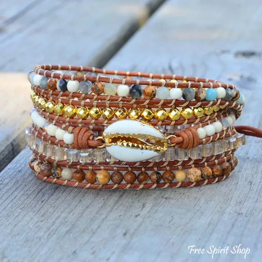 Natural Picture Jasper & Seashell Bead Wrap Bracelet