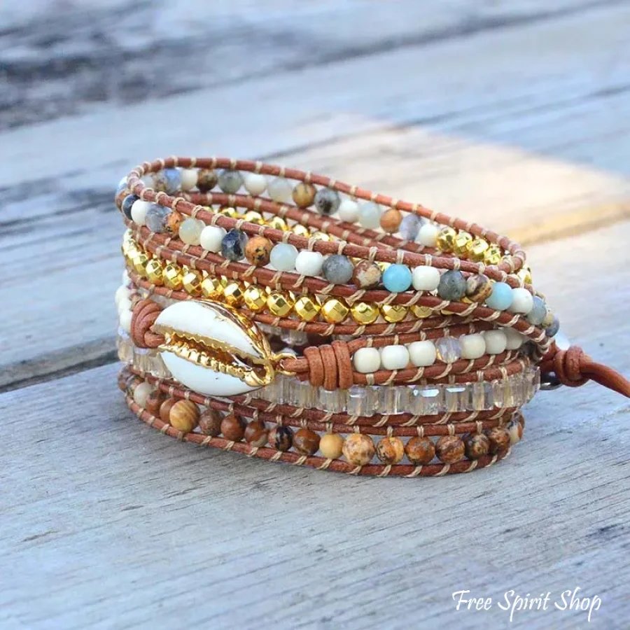 Natural Picture Jasper & Seashell Bead Wrap Bracelet - Image 2