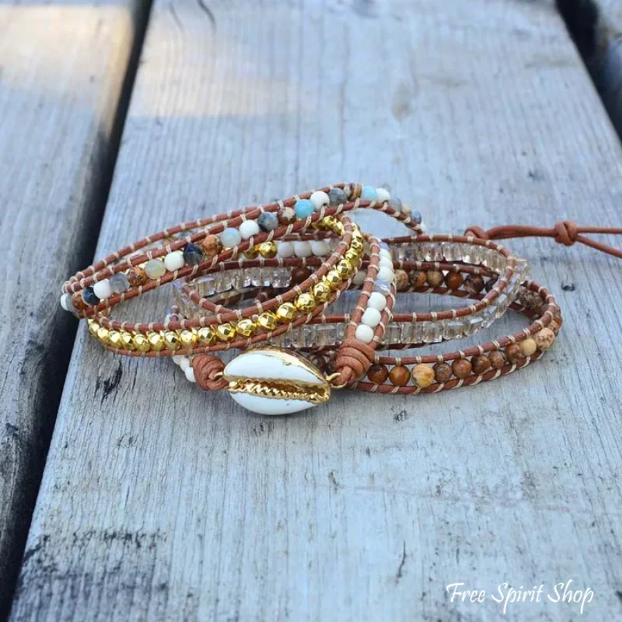 Natural Picture Jasper & Seashell Bead Wrap Bracelet - Image 3