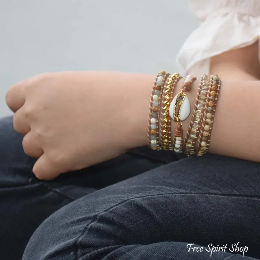 Natural Picture Jasper & Seashell Bead Wrap Bracelet - Image 4