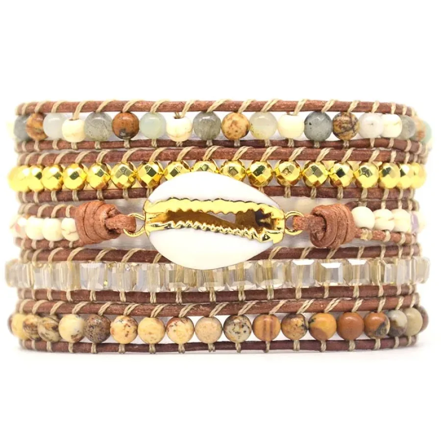 Natural Picture Jasper & Seashell Bead Wrap Bracelet - Image 5