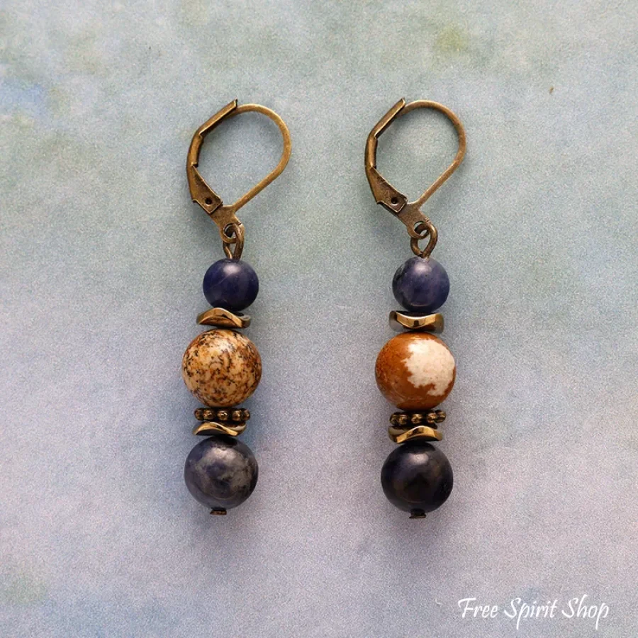 Natural Picture Jasper & Sodalite Bead Drop Earrings - Image 2