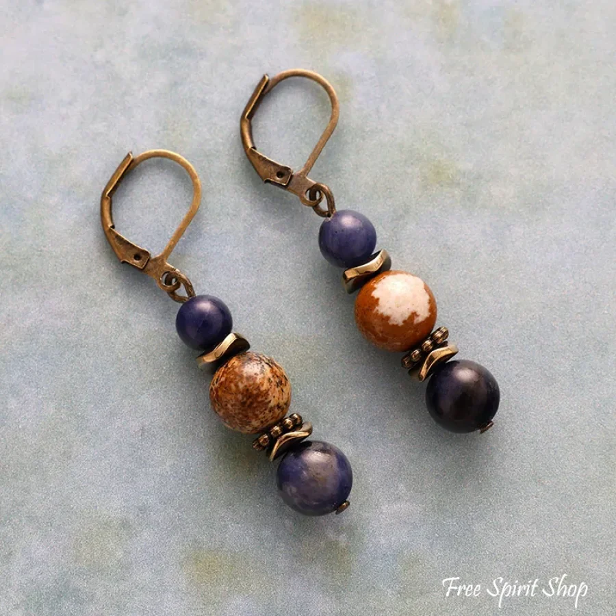 Natural Picture Jasper & Sodalite Bead Drop Earrings - Image 3