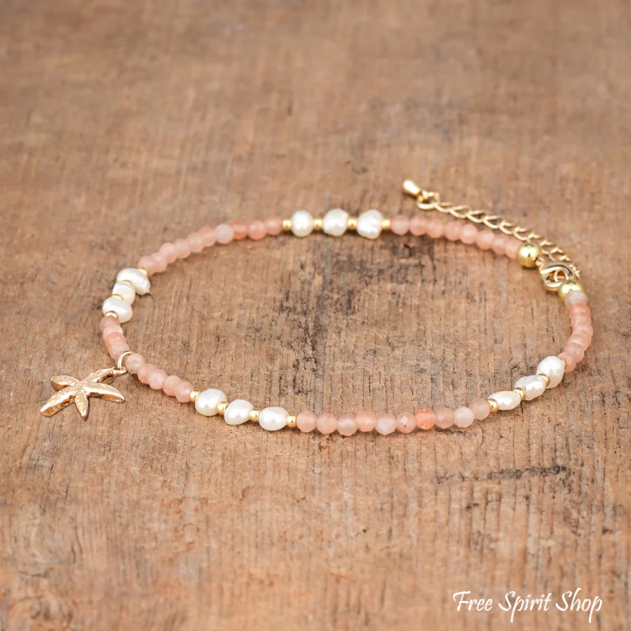 Natural Pink Aventurine & Freshwater Pearl Beaded Anklet - Image 3