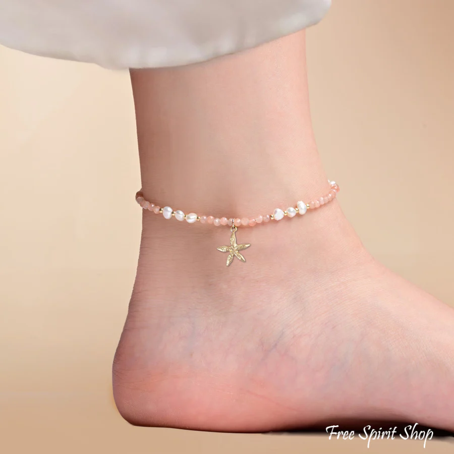 Natural Pink Aventurine & Freshwater Pearl Beaded Anklet - Image 4