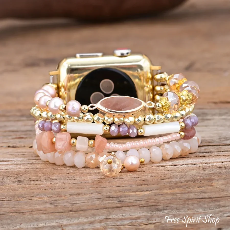 Natural Pink Aventurine & Pearl Apple Watch Bracelet - Image 2