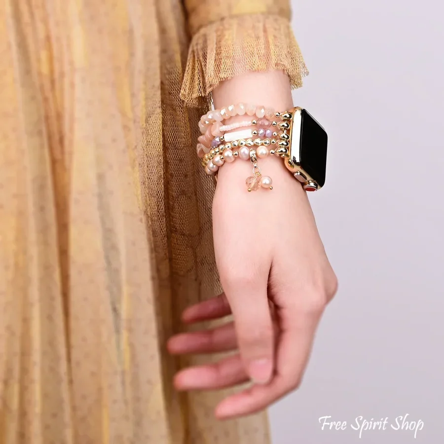 Natural Pink Aventurine & Pearl Apple Watch Bracelet - Image 3