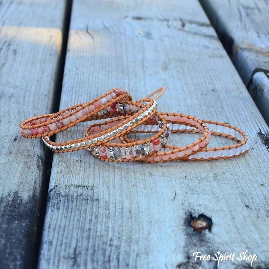 Natural Pink Aventurine & Sunstone Wrap Bracelet - Image 4