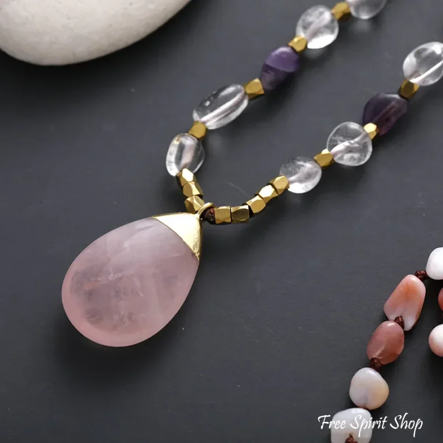 Natural Pink Opal Amethyst & Rose Quartz Gemstone Necklace - Image 2