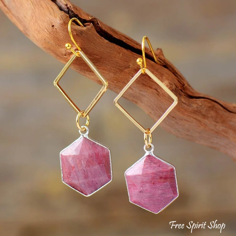 Natural Pink Rhodonite Losange Earrings