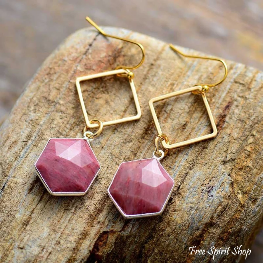 Natural Pink Rhodonite Losange Earrings - Image 2