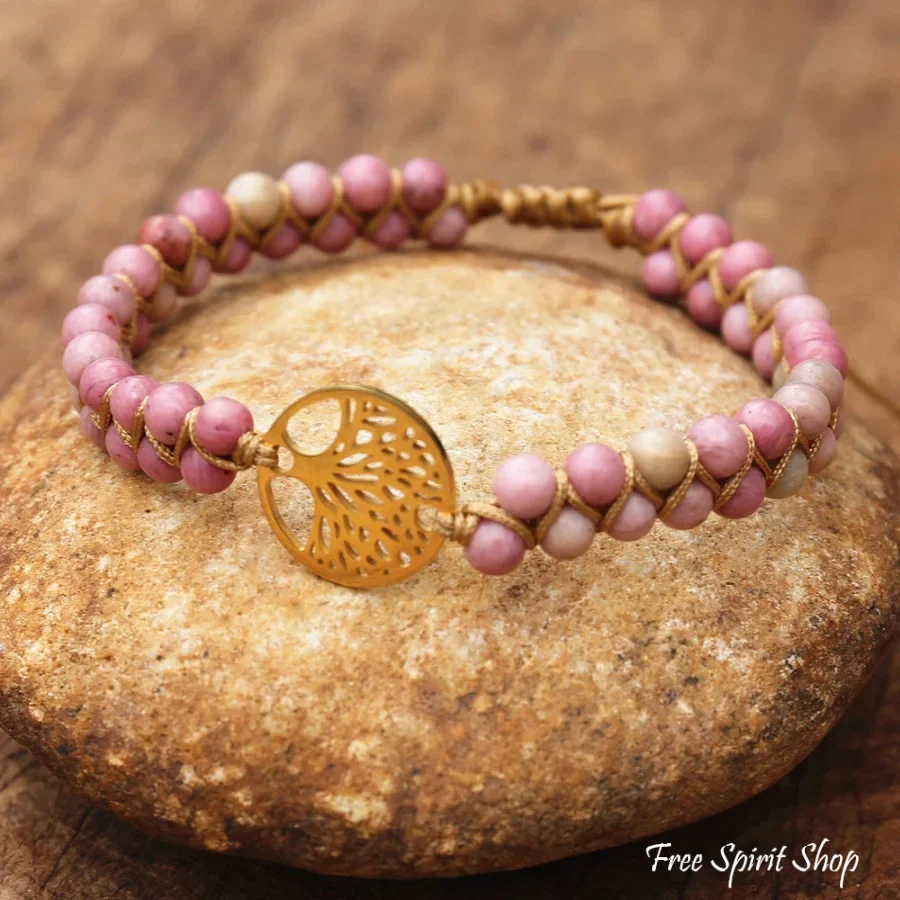 Natural Pink Rhodonite & Tree of Life Bead Bracelet - Image 2