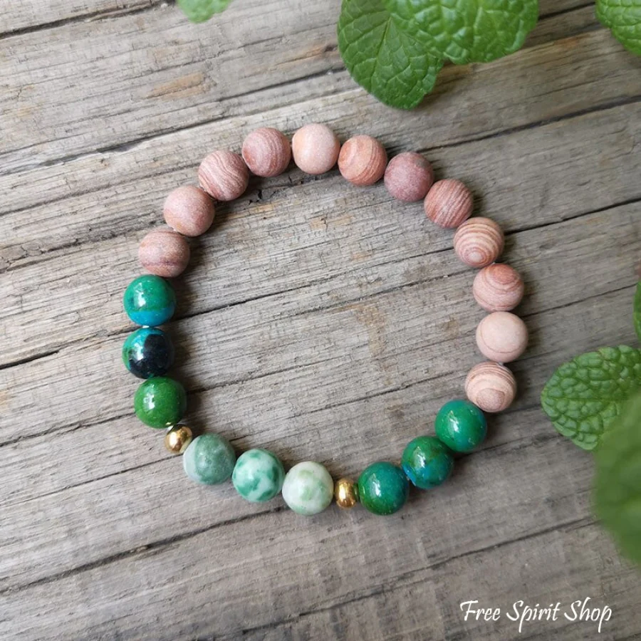 Natural Pink Sand Stone & Chrysocolla Bead Bracelet