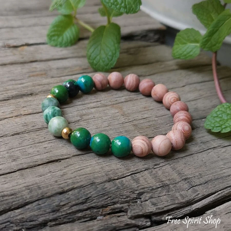 Natural Pink Sand Stone & Chrysocolla Bead Bracelet - Image 2