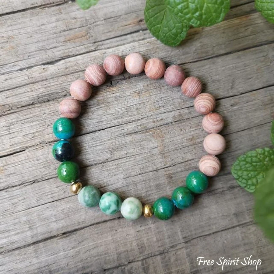 Natural Pink Sand Stone & Chrysocolla Mala Bead Necklace / Bracelet - Image 6