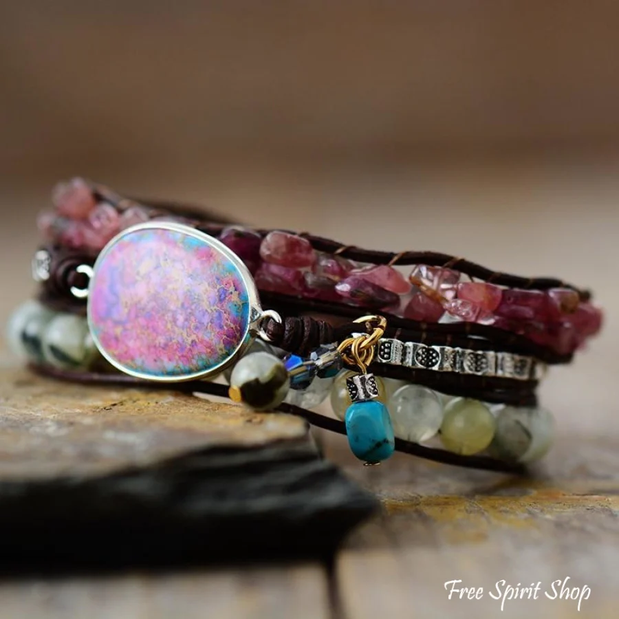 Natural Pink Tourmaline & Prehnite Wrap Bracelet - Image 3