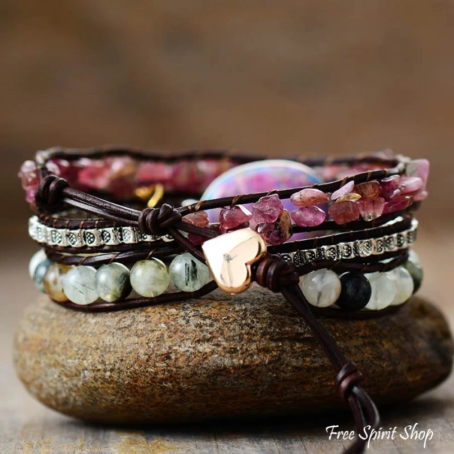 Natural Pink Tourmaline & Prehnite Wrap Bracelet - Image 4