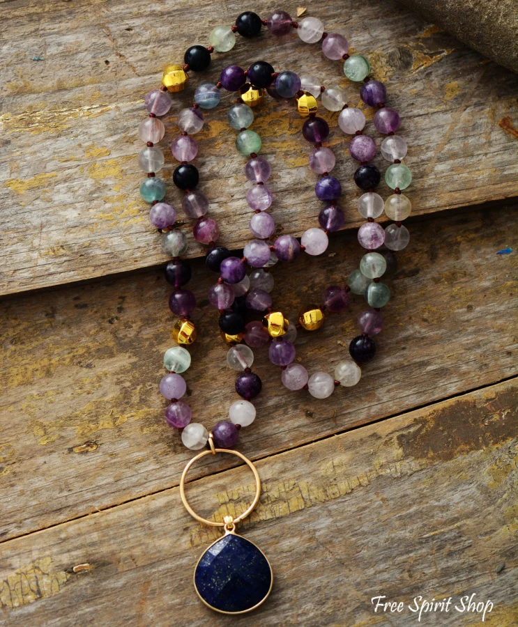 Natural Purple Fluorite & Amethyst With Lapis Pendant Necklace - Image 3