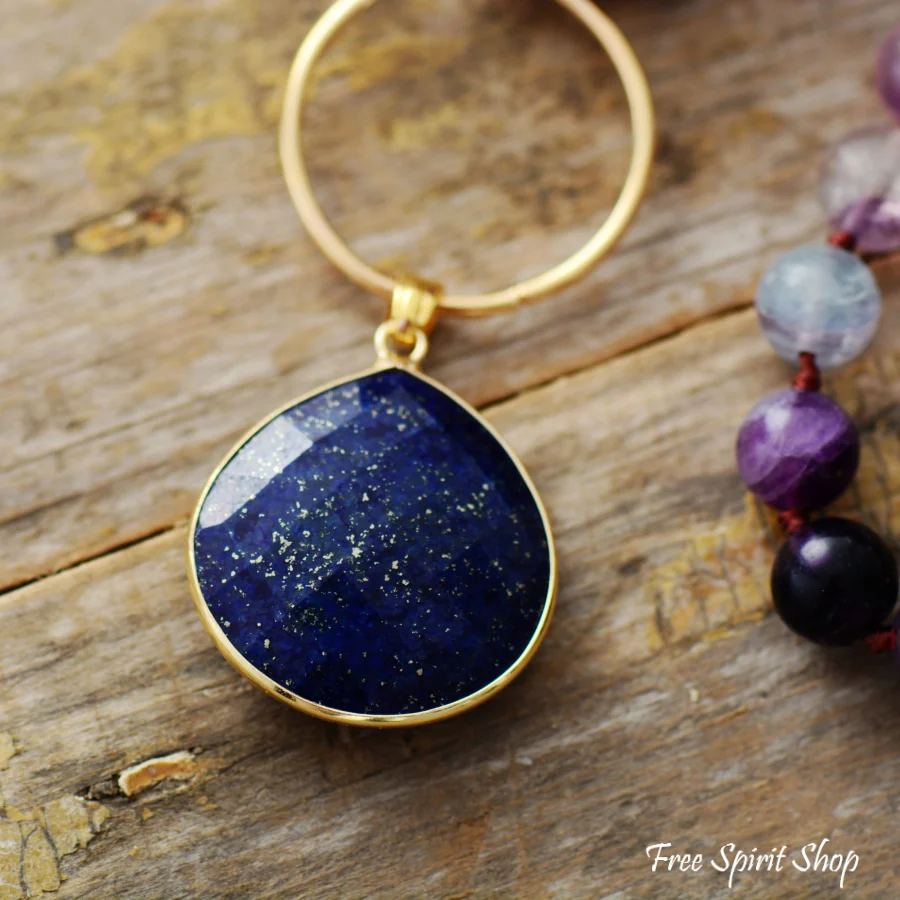 Natural Purple Fluorite & Amethyst With Lapis Pendant Necklace - Image 4