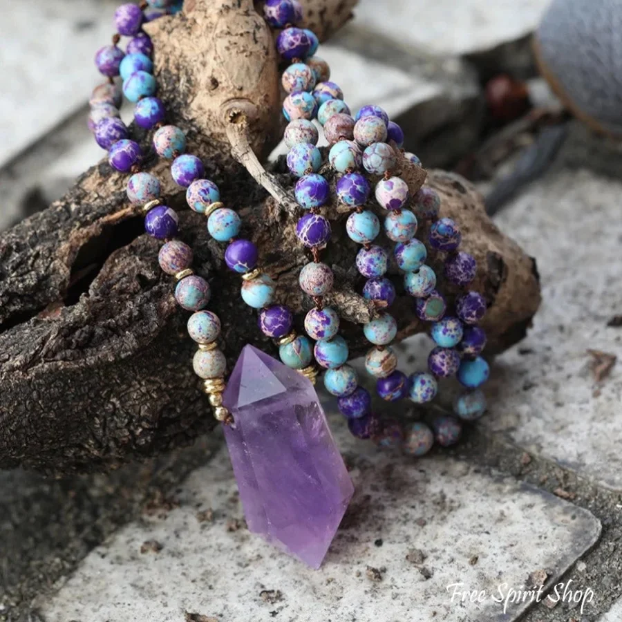 108 Natural Purple Jasper & Amethyst Wandpoint Crystal Mala Bead Necklace - Image 2