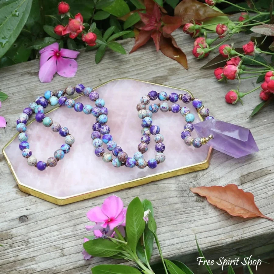 108 Natural Purple Jasper & Amethyst Wandpoint Crystal Mala Bead Necklace - Image 3
