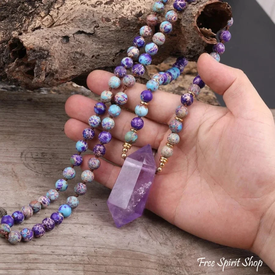 108 Natural Purple Jasper & Amethyst Wandpoint Crystal Mala Bead Necklace - Image 4