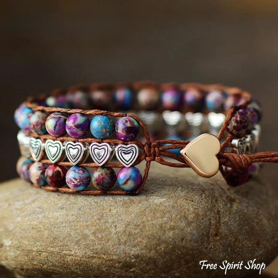 Natural Purple Jasper Heart Charms Wrap Bracelet - Image 2