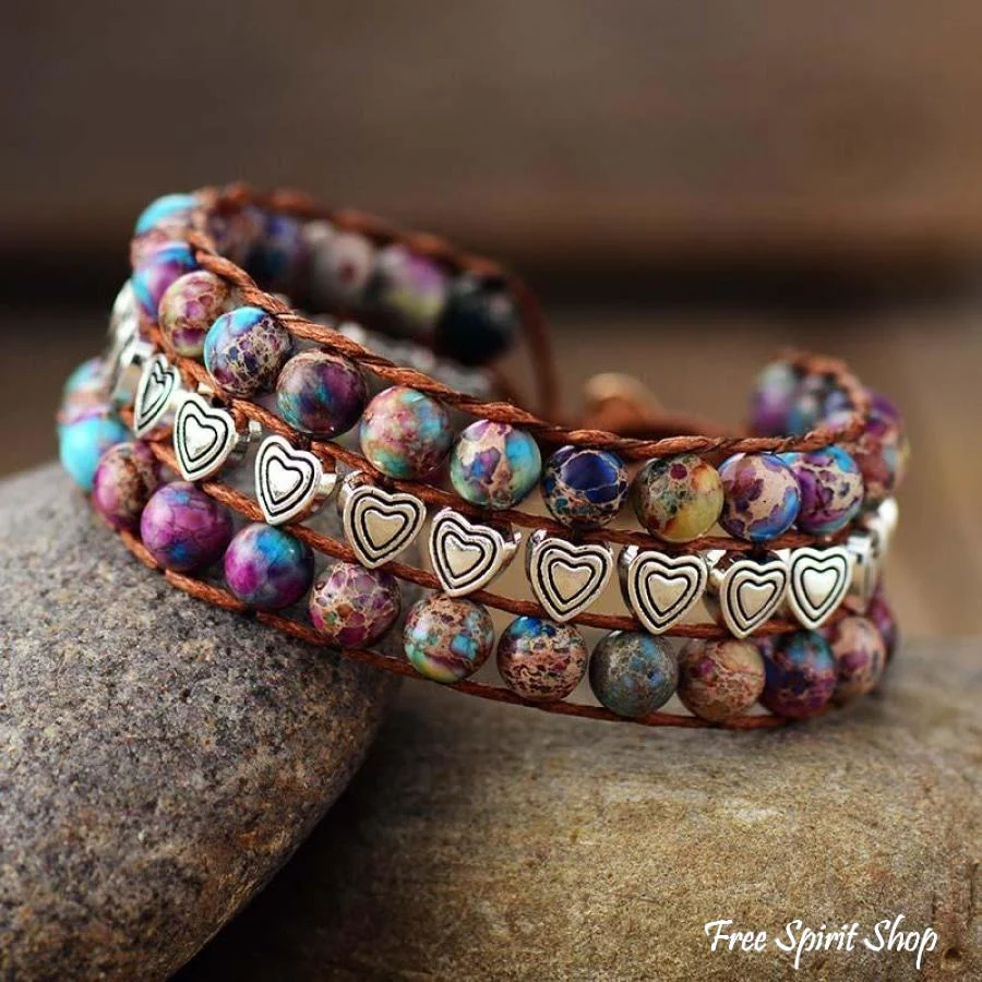 Natural Purple Jasper Heart Charms Wrap Bracelet - Image 3