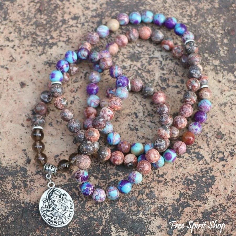 Natural Purple Jasper & Smokey Quartz Ganesha Mala Bead Bracelet - Image 2