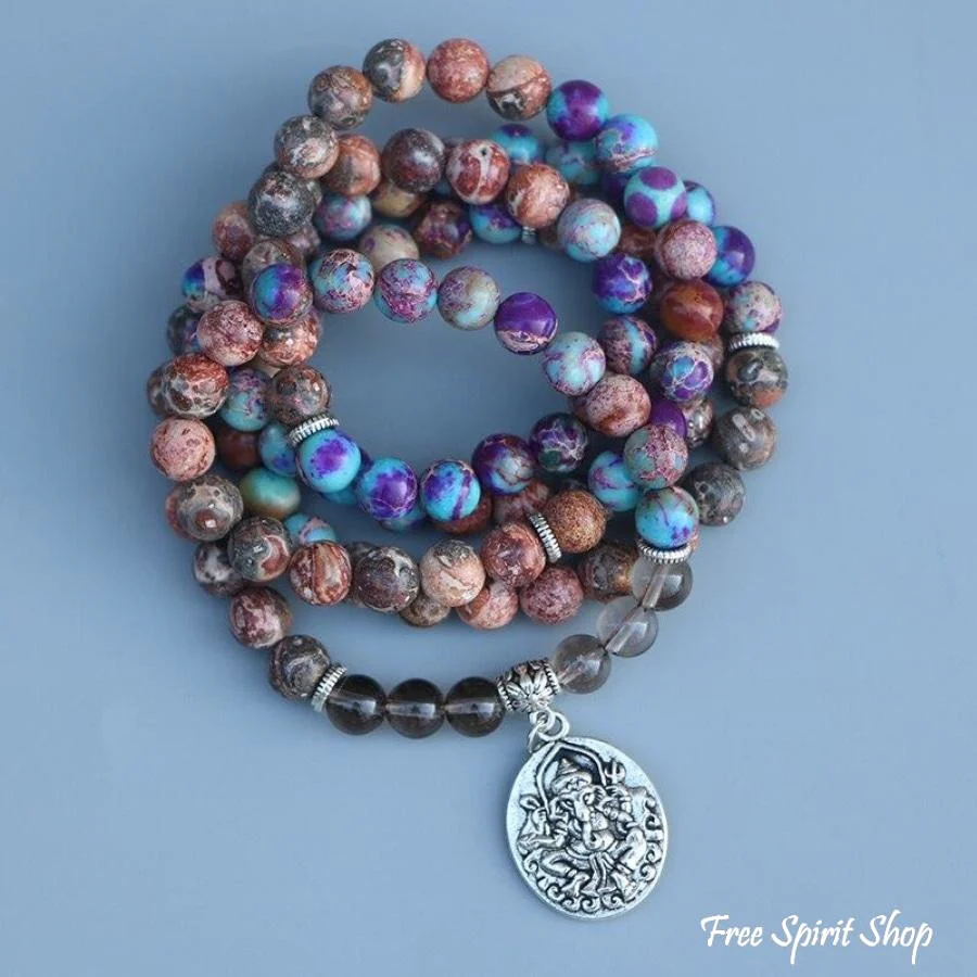Natural Purple Jasper & Smokey Quartz Ganesha Mala Bead Bracelet - Image 3