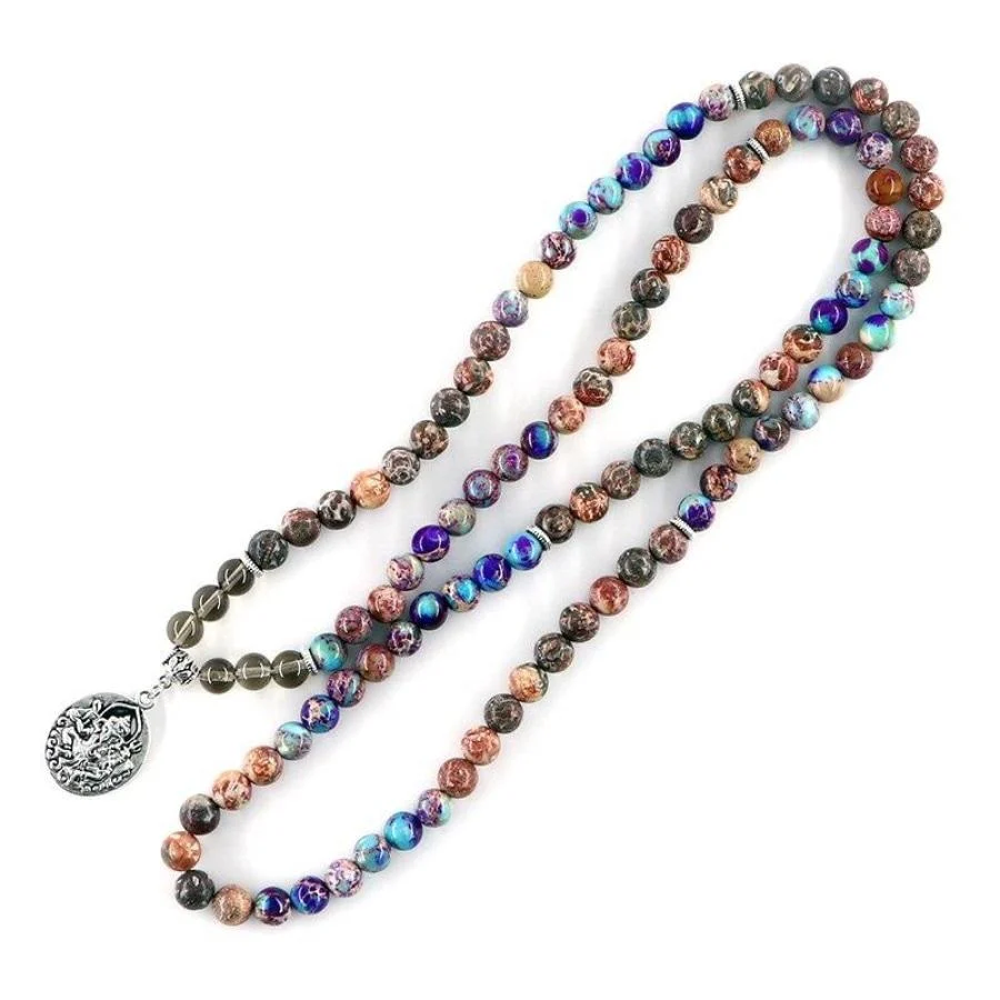 Natural Purple Jasper & Smokey Quartz Ganesha Mala Bead Bracelet - Image 4