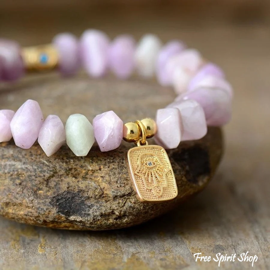 Natural Purple Quartz Hamsa Hand Bead Bracelet - Image 2