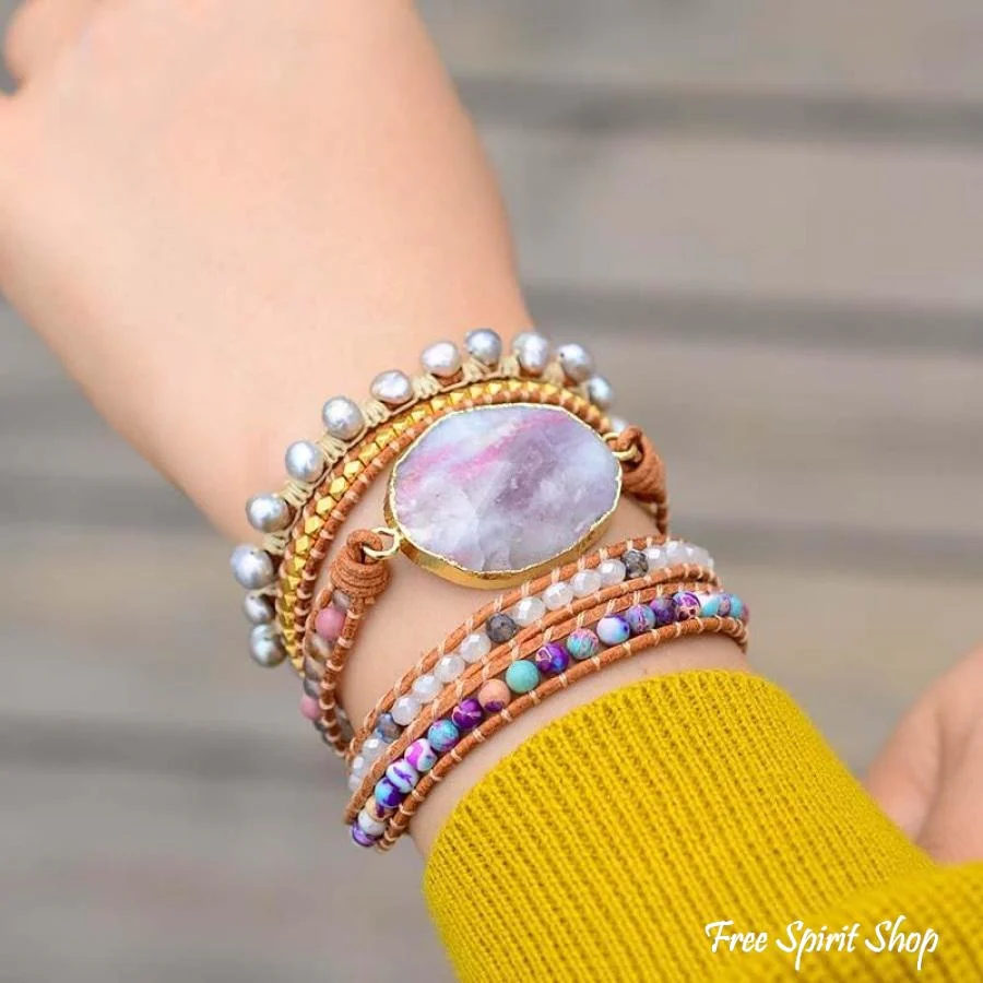 Natural Purple Quartz & Jasper Wrap Bracelet - Image 2