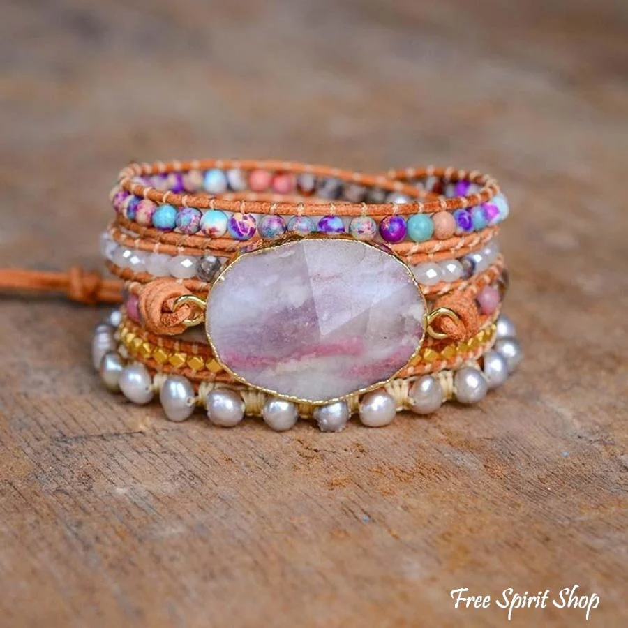 Natural Purple Quartz & Jasper Wrap Bracelet - Image 5