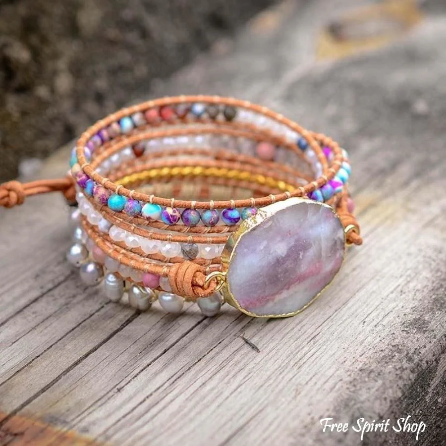 Natural Purple Quartz & Jasper Wrap Bracelet - Image 6