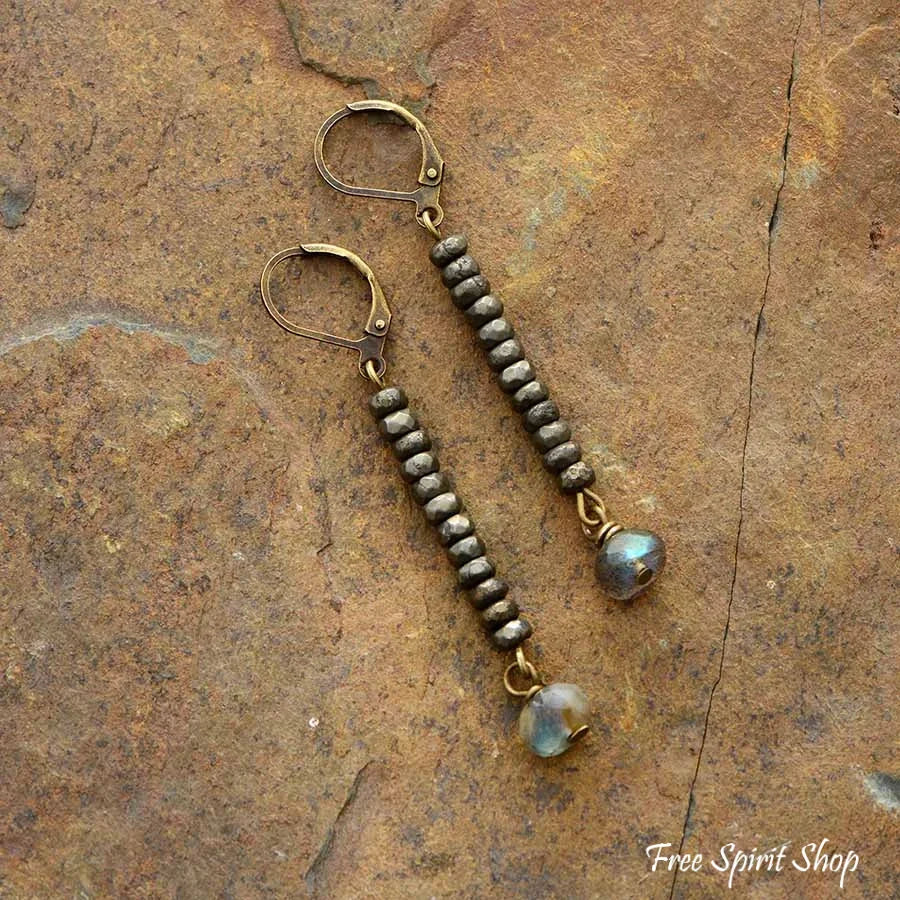 Natural Pyrite & Labradorite Drop Earrings - Image 3