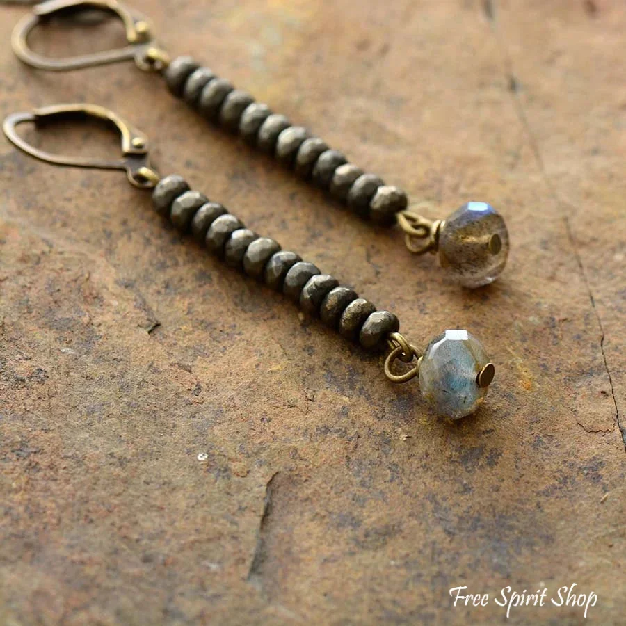Natural Pyrite & Labradorite Drop Earrings - Image 4