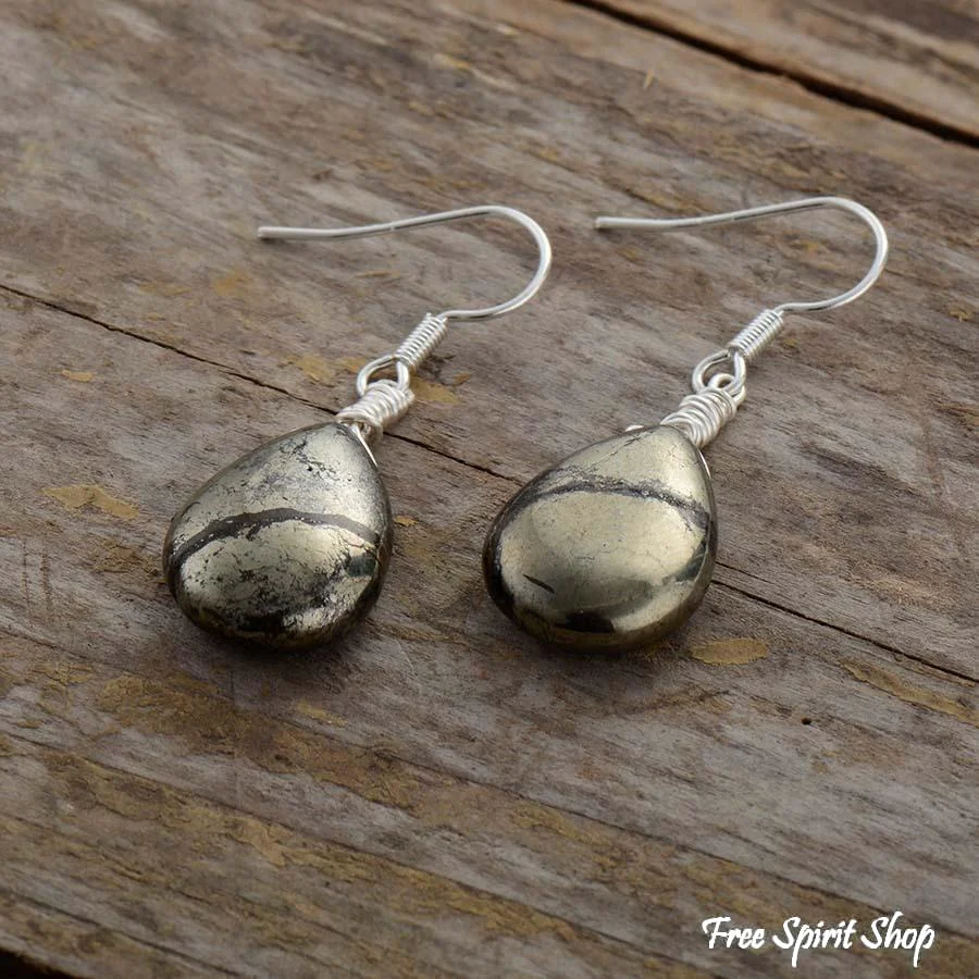 Natural Pyrite Stone Teardrop Earrings - Image 3