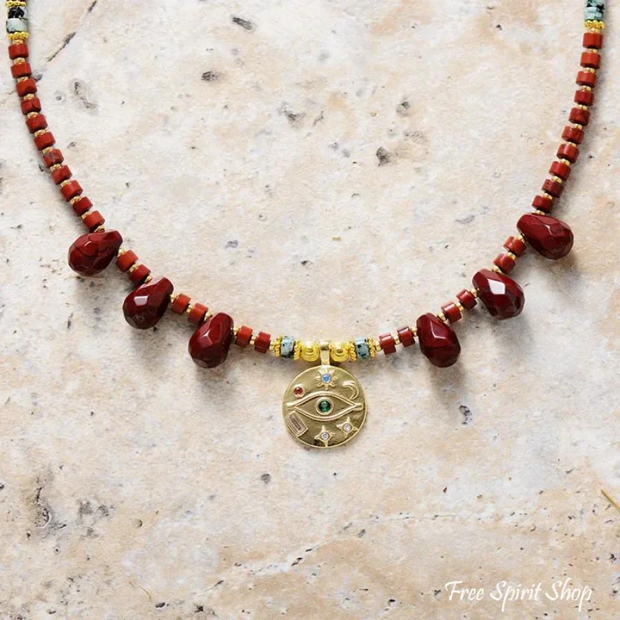 Natural Red Jasper & Egyptian Eye Charm Necklace - Image 3