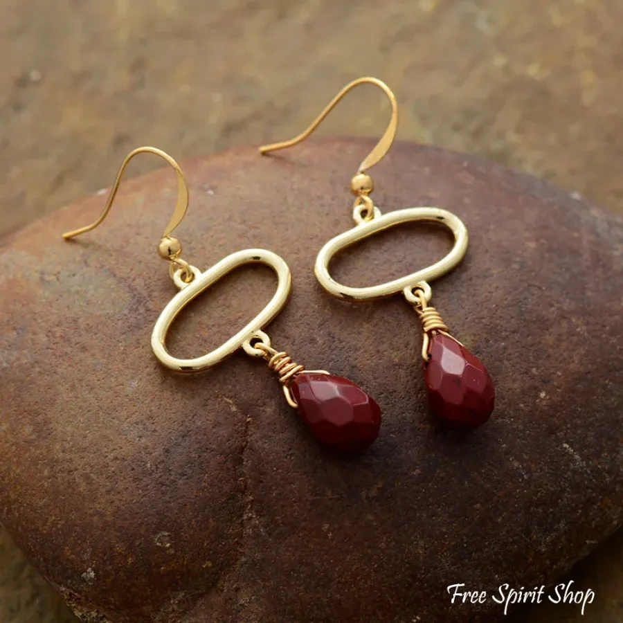 Natural Red Jasper Gold Oval Earrings - Image 3