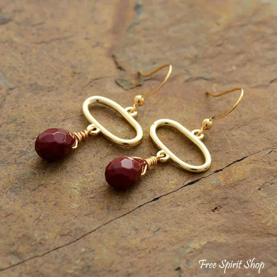 Natural Red Jasper Gold Oval Earrings - Image 4