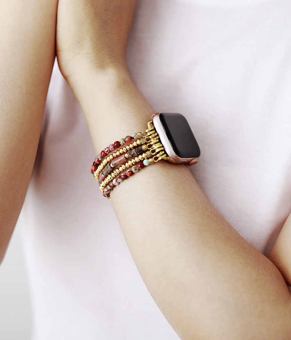 Natural Red Jasper & Golden Bead Stretchable Apple Watch Band - Image 2