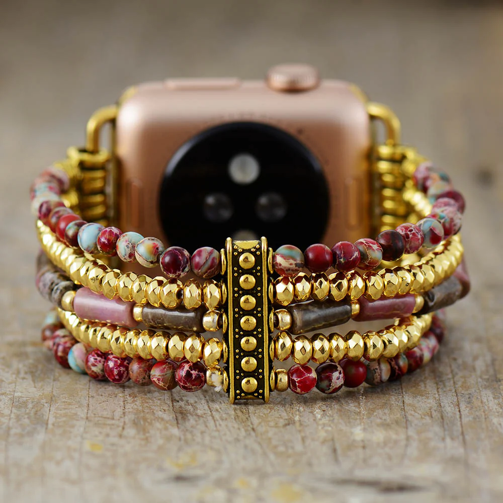 Natural Red Jasper & Golden Bead Stretchable Apple Watch Band - Image 3
