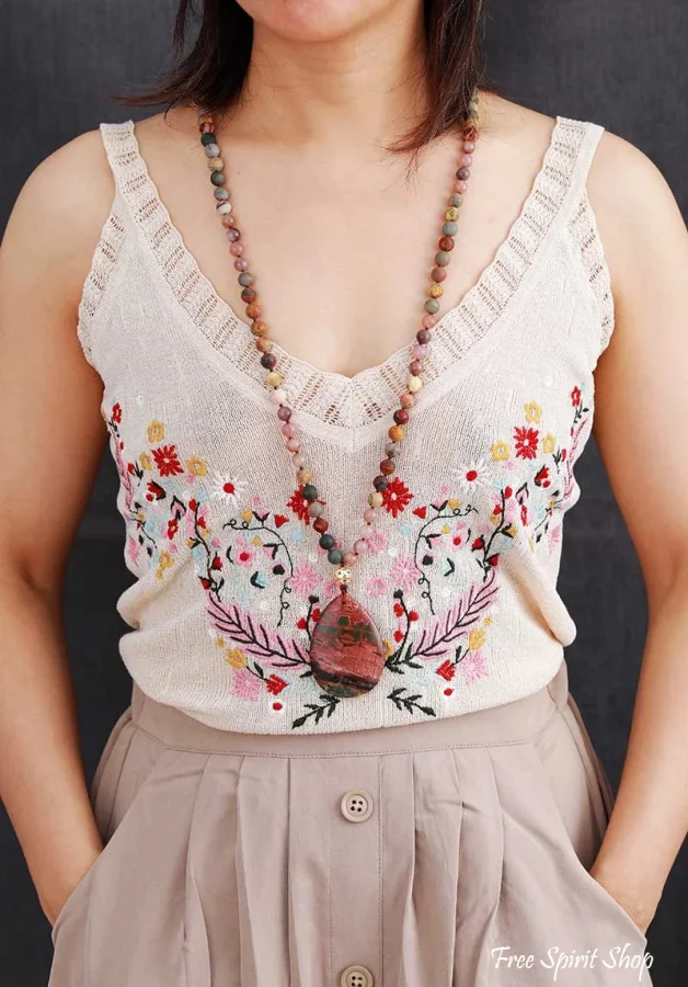 Natural Red Jasper & Pink Jade Beaded Necklace - Image 4