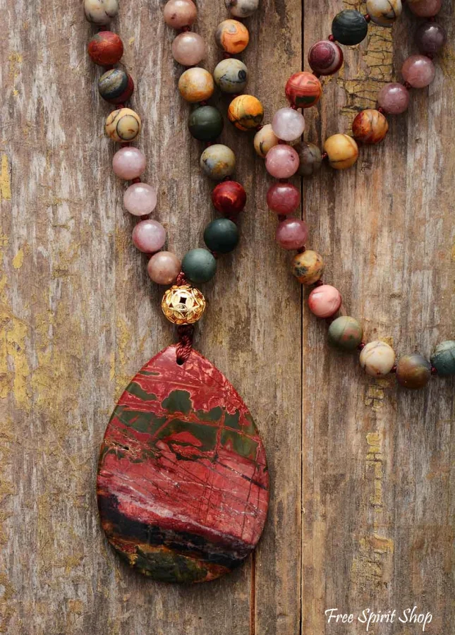 Natural Red Jasper & Pink Jade Beaded Necklace - Image 5