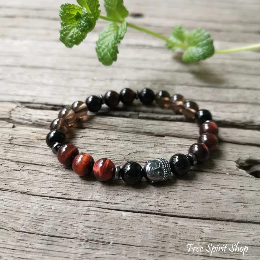 Natural Red Tiger Eye Black Onyx & Smokey Quartz Bead Bracelet - Image 2