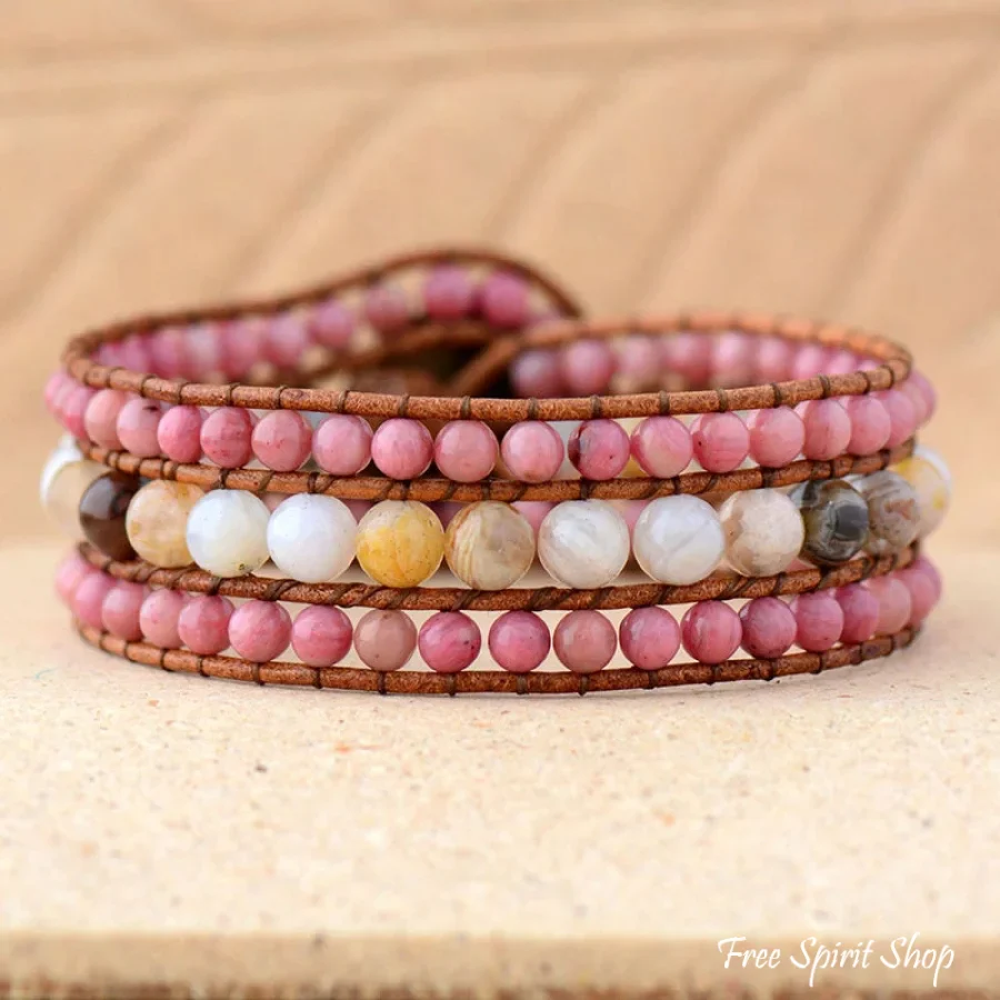 Natural Rhodonite & Amazonite Beaded Wrap Bracelet - Image 2